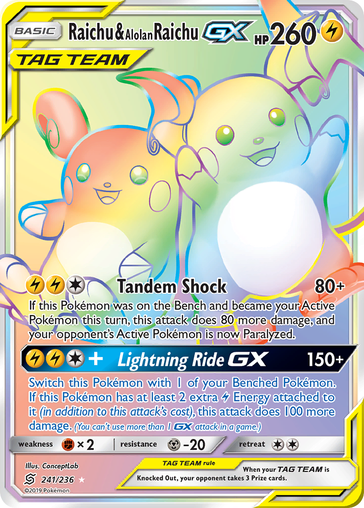 Raichu & Alolan Raichu-GX 241/260 Rare Rainbow